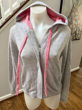 Autumn Cashmere 100% Cashmere Pink Trim Hooded Zip Up Sweater Grey XS